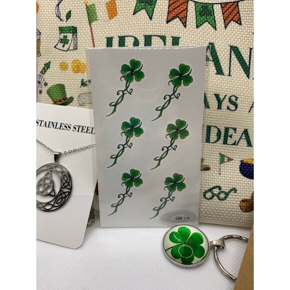 Irish Gift Bundle Bag w/ Shamrock Keychain, Bracelets, Celtic Necklace & Tattoo - Picture 4 of 8